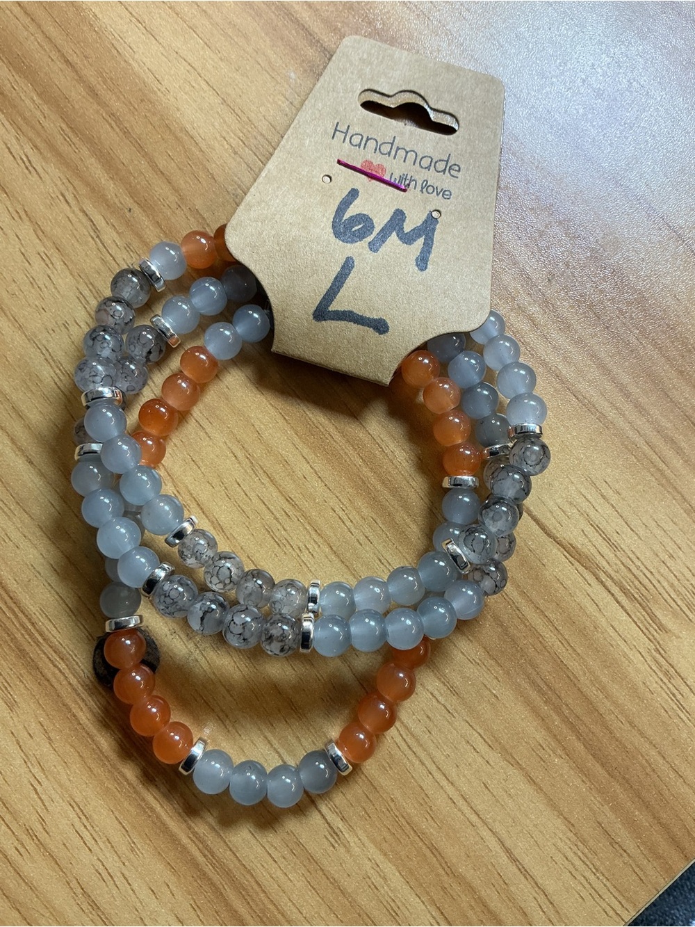 Handmade Beaded Stack Bracelet — Orange & Gray
